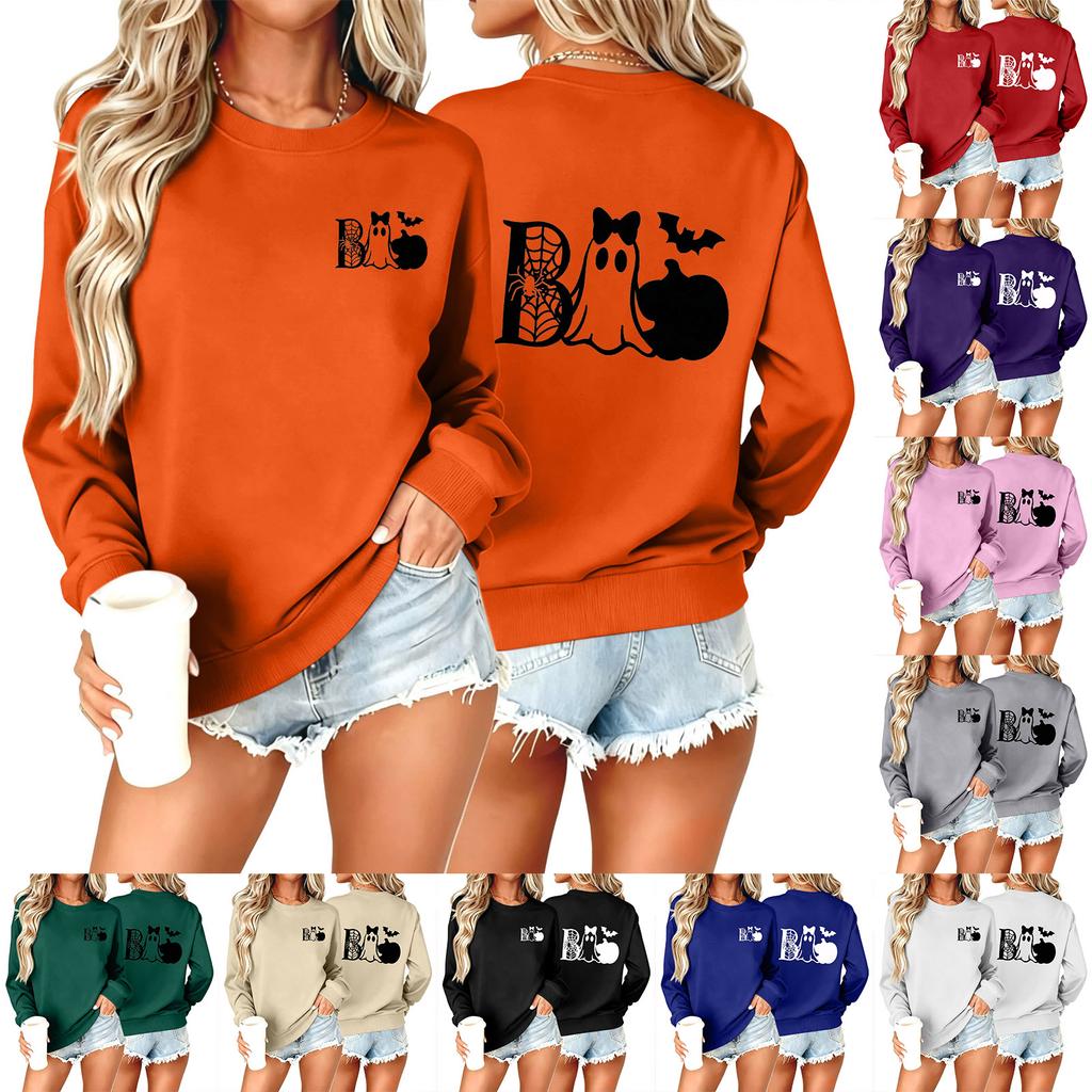 Women's Halloween Print Neck Pullover Sweatshirt Trendy Casual Fall Fashion