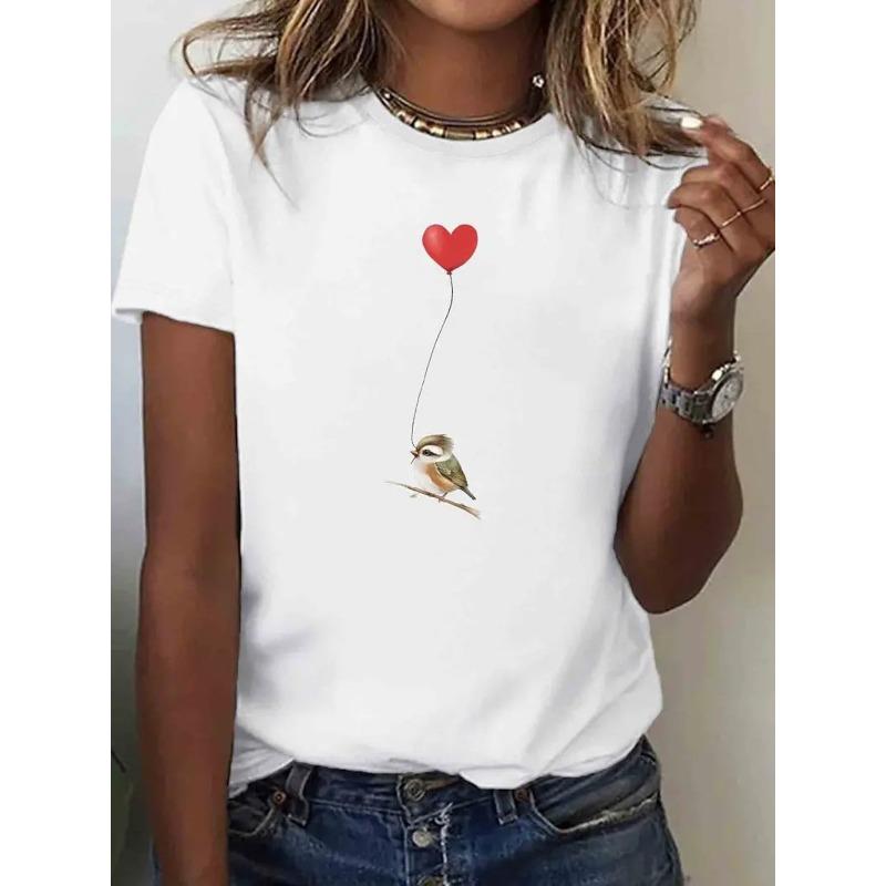 

Европейский размер 1 шт., женская футболка с птицей, повседневная футболка с коротким рукавом, слегка эластичная, ткань, стандартная длина, дизайн с буквенным принтом S белый