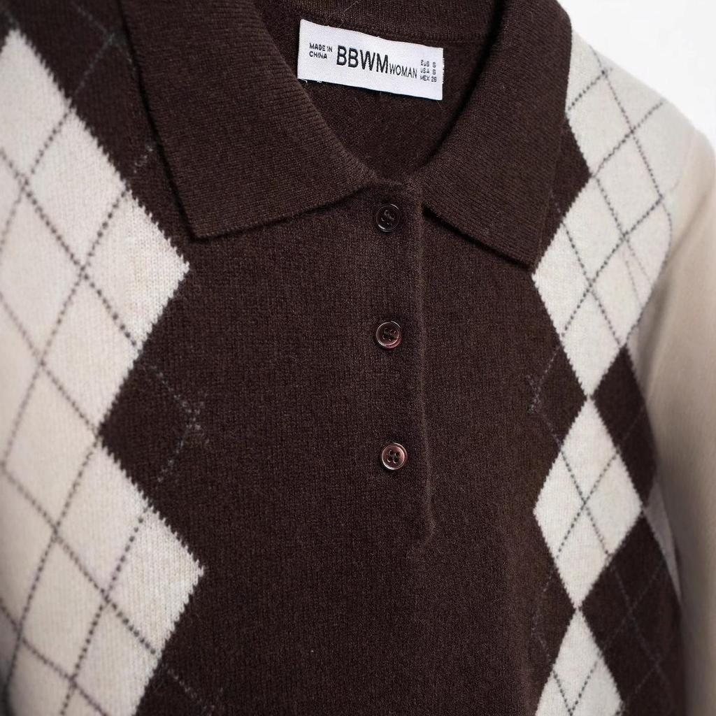 2025 Frühling/Sommer Argyle Preppy POLO Kragen Strick Damen Top