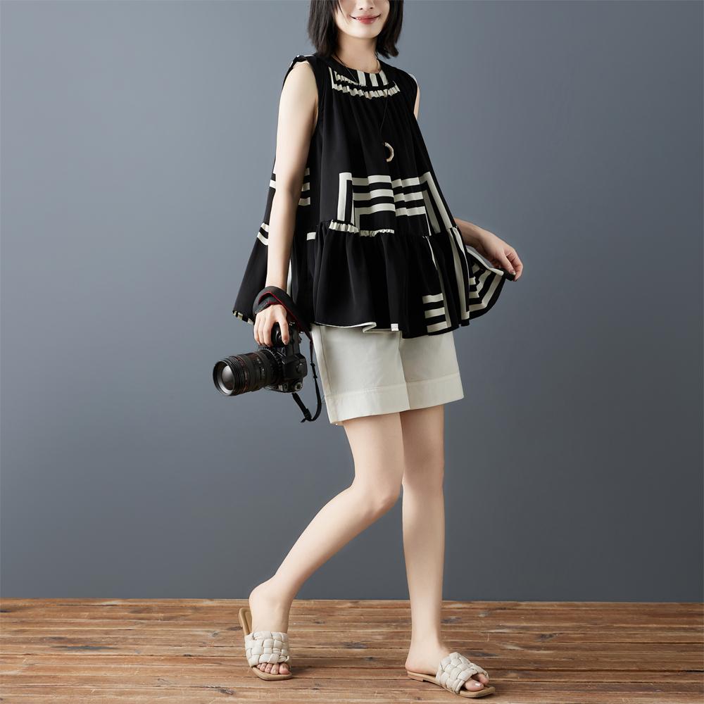 DIMANAF 2026 New Summer Plus Size Women Shirts Tees Casual Loose Blouse Button Sleeveless Lady Tops Pleated Print
