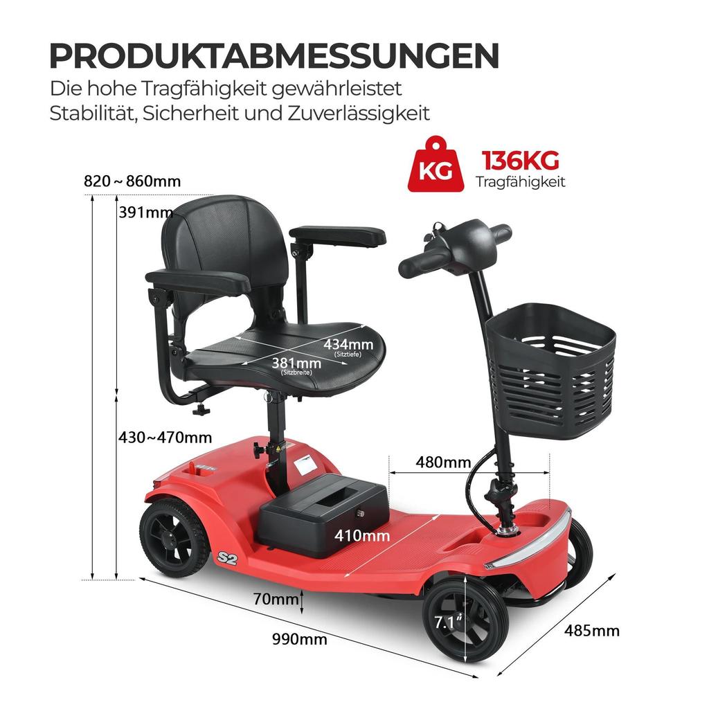 Sweetrich S2 250W 24V 12Ah Batterie Amovible Pneu 7.5 * 2.0 Scooter Électrique à Quatre Roues pour Personnes Âgées Équipé d'un Siège Pivotant Capacité de Charge 136kg
