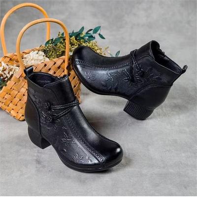 Botas Martin Vintage Outono e Inverno Botas de Cano Curto Salto Grosso Botas Femininas com Relevo Bico Redondo