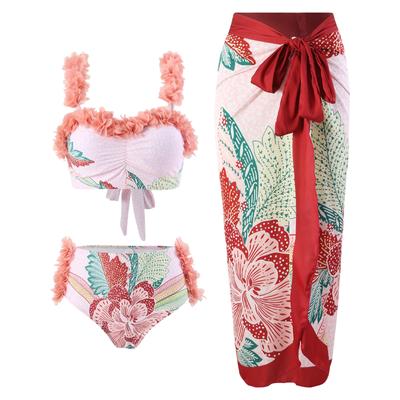 Modisches 3-teiliges Bademode-Set für Damen mit Blütenblättern, gepolstertes rückenfreies Push-Up-Oberteil, bedruckte Unterseite, Schnürung, Überzug, Badeanzug, sexy Sommer-Strand-Badeanzug