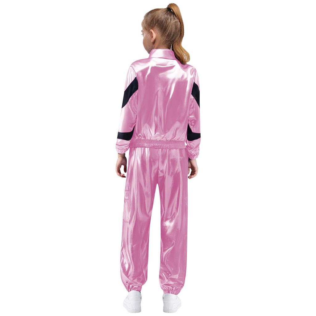 Mädchen Tanzjacke Mode Kontrastfarbe Langarm Stehkragen Metallischer Reißverschluss mit glänzendem Hosen-Set