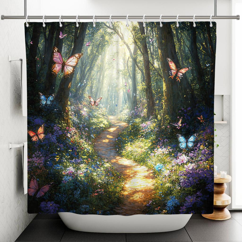 Garden Path Shower Curtain with 12 Hooks Realistic Forest Landscape Butterflies Waterproof Polyester Bathtub Bathroom Curtain
