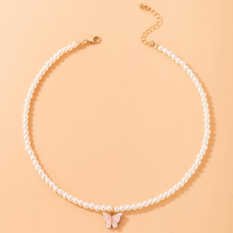 Vintage Elegant Pärl Kort Chokerhalsband Rosa Fjärilshänge för Kvinnor Fest Jubileumspresent Romantiska Smycken