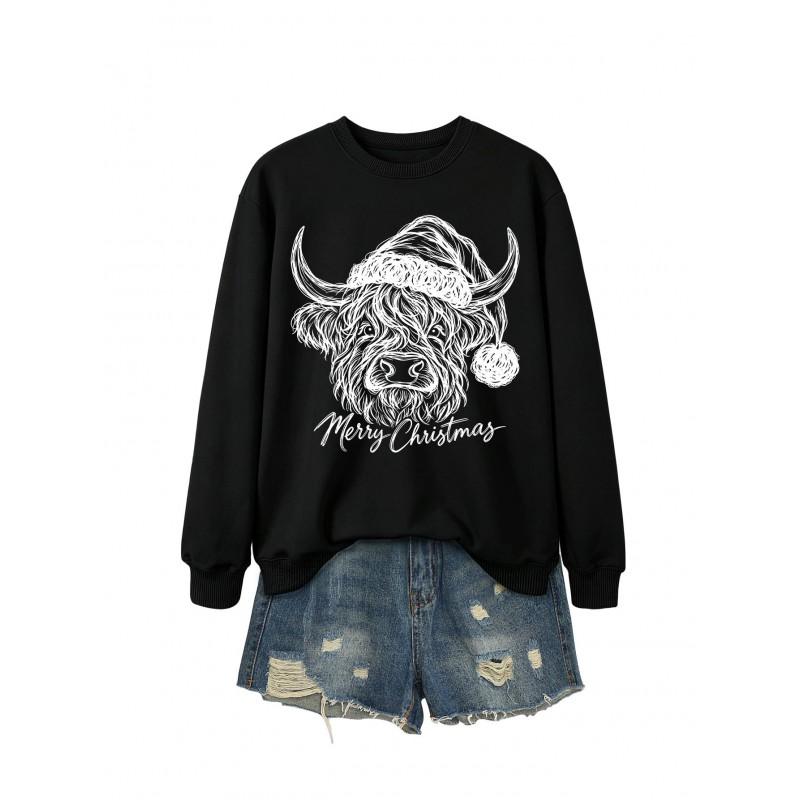 Womens Casual Fashion Christmas Yak Head Print Crewneck Sweatshirt Regular Fit Daily Wear