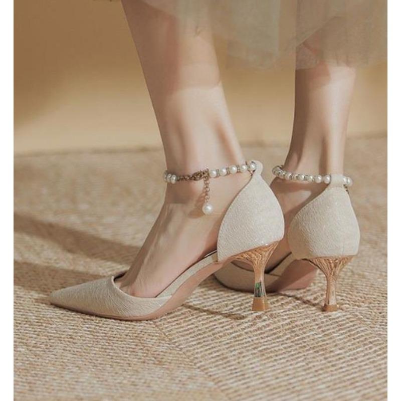 

мода Новые туфли на высоком каблуке женские туфли на шпильках ТУФЛИ-ЛОДОЧКИ Модные полые одинарные туфли с жемчужным носком универсальные женские туфли сандалии Baotou 34 золотой