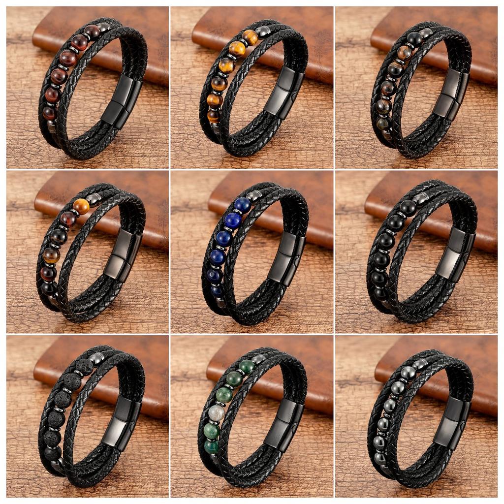 Trendy Multilayer Leather Bracelets For Men Women 9 Style Round Stone 8mm Beaded Jewelry Valentine Day Gifts