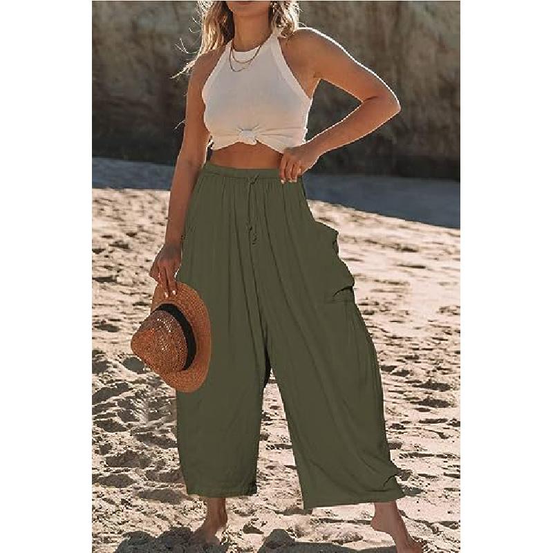 2026 Spring/Summer Women's Elastic Waist Pleated Mid-Waist Straight-Leg Loose Casual Cropped Pants