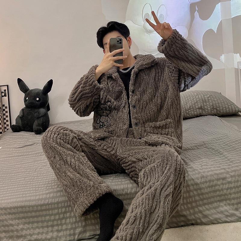 Men's V-Neck Cardigan Flannel Pajama Set - Coral Fleece, Thick, Korean Style, Large Size, 2023 Autumn/Winter