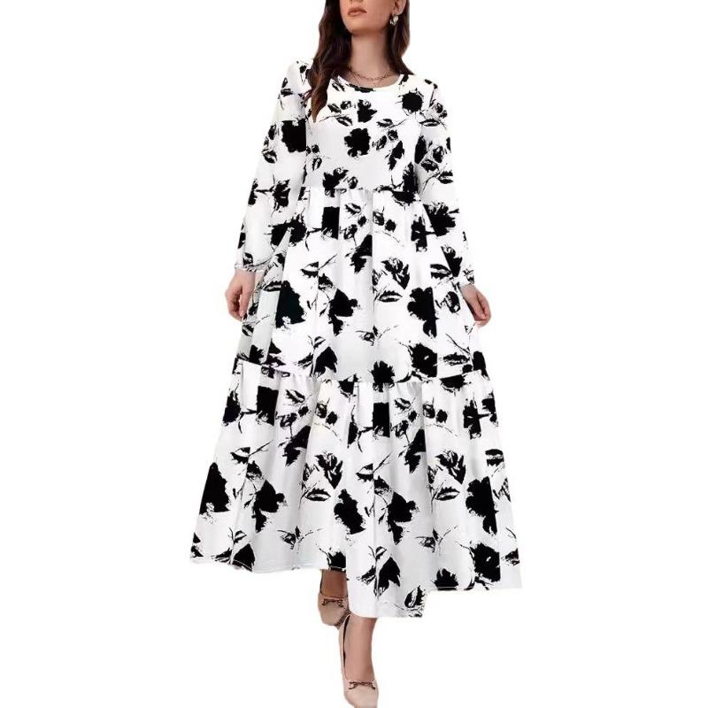 Women's Fashion Casual Printed Round Neck Long Sleeve Skirt Ladies Long Skirt Elegant Straight Dress