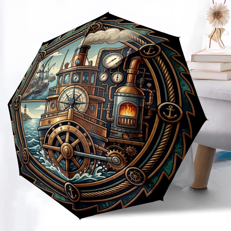 Steamboat Adventure pattern umbrella, portable and foldable design, 8 ribs, a casual accessory for Halloween, Christmas, and birthday gifts.