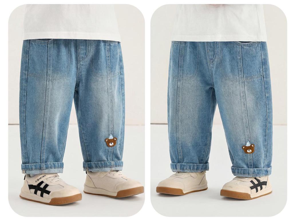 Kaka Panda Kids' Spring Jeans: Trendy Long Pants for Boys & Girls, Ideal for Toddlers in Spring & Autumn.