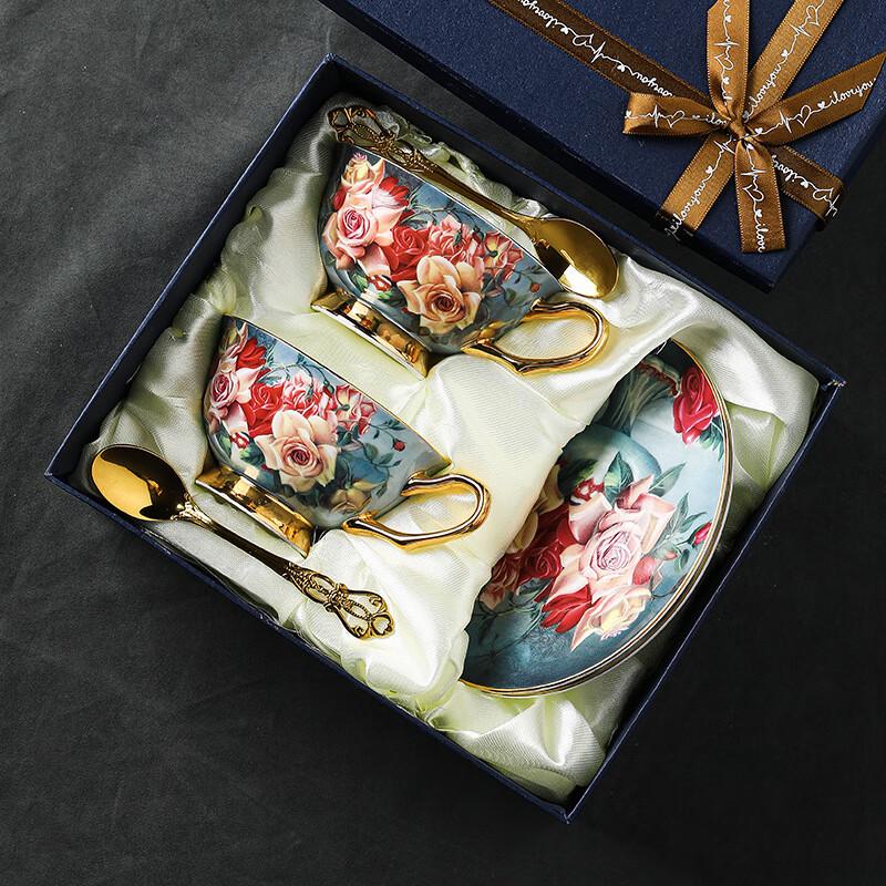 

European Style Luxury Rose Flower Ceramic Coffee Cup Set 2 Cups, 2 Saucers, 2 Spoons Gift Box Set