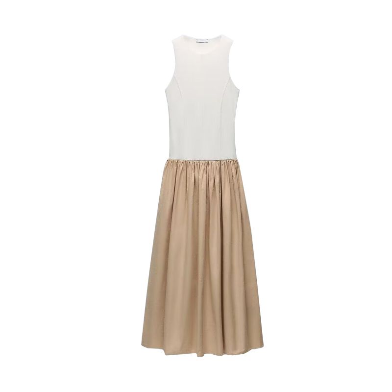 Spring New Arrival French Style Design Niche Style Round Neck Sleeveless A- Line Skirt Mid-Length Patchwork Dress 0085310