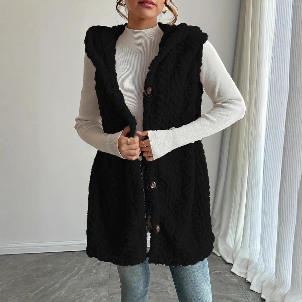Damen Uni Farbe Wende Flauschige Kapuzen Knopf Strickjacke Weste Lässig Herbst Winter Mode