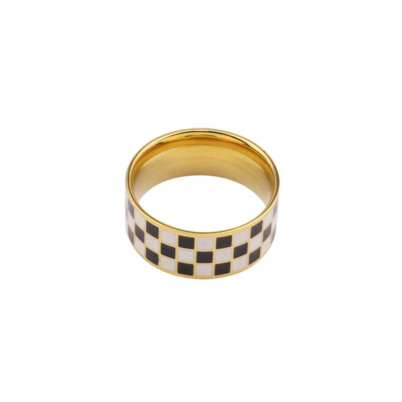 Women's High-End Design Black & White Checkerboard Ring, 14K Gold & Titanium Steel.