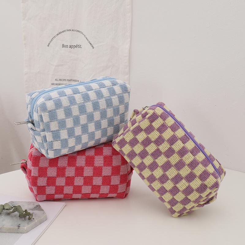 Korean Plaid Knit Makeup & Pencil Storage Bag - Large Capacity Organizer