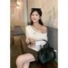 Korean Pure Desire 2025 Autumn New Product Splicing Lace Diagonal Collar Off-shoulder Slim-fitting Long-sleeved Top