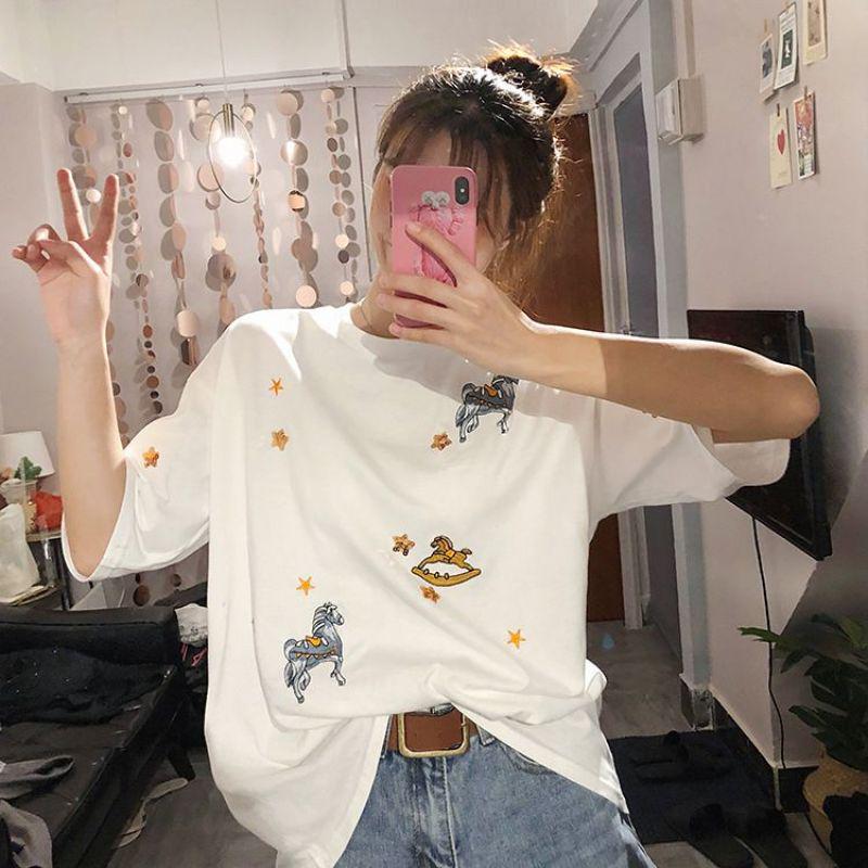 2025 Summer Korean Style Women's Loose Pure Cotton Embroidered Sequin T-Shirt Short Sleeve Student Top