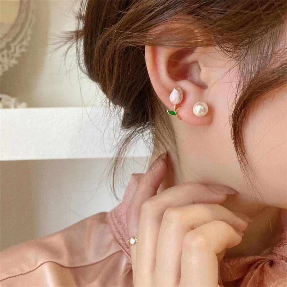 Korean Light Luxury Pink Tulip Imitation Pearl Stud Earrings, Two Ways To Wear Fashion Earrings for Women Girls Daily Party