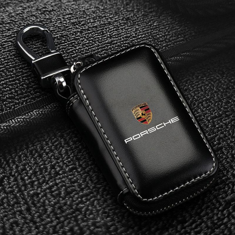 1Pcs Leather Emblem Car Key Case Keychain Zipper Key Case Bag For Porsche Cayenne Panamera Macan Boxster 911 Carrera-GT 944 918 917