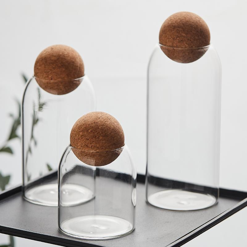 Hand-Blown Lead-Free High Borosilicate Glass Round Flower Tea Storage Transparent Container Glass Jars with Cork Stopper Lids