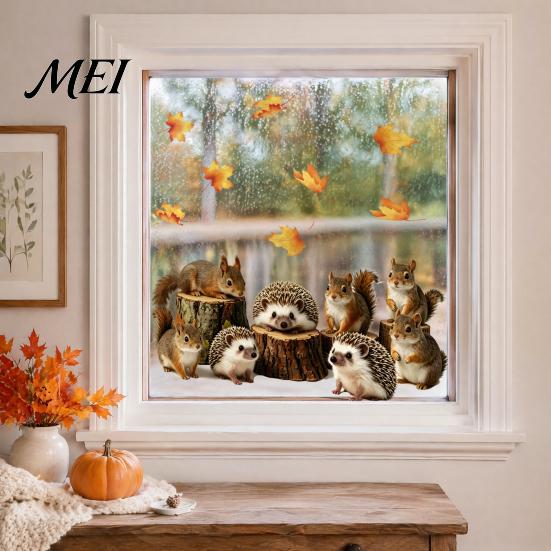 Forest Animal Window Film 2PCS Static Sticker, Squirrel And Hedgehog Printed, Autumn No Glue Glass Stickers Theme Waterproof PVC Decal, for