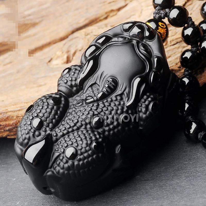 Natural Handwork Black Obsidian Carved Chinese Big PiXiu Lucky Pendant Amulet Beads Necklace Charm Fashion Gift Jewelry