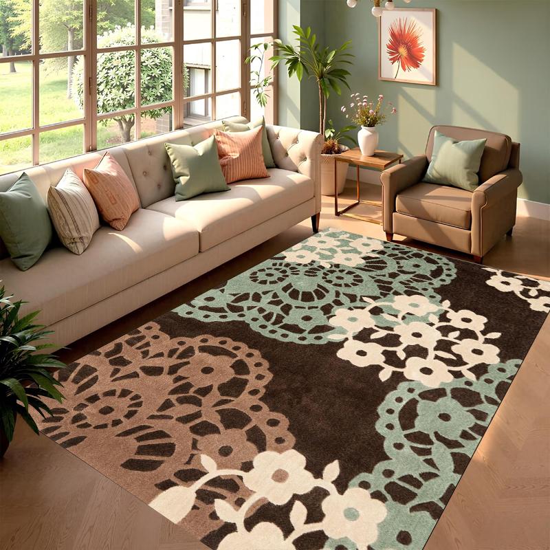 

Vintage Brown Green Lace Floral Non-slip Soft Washable Area Rug for Living Room Bedroom Home Decoration 40x60cm