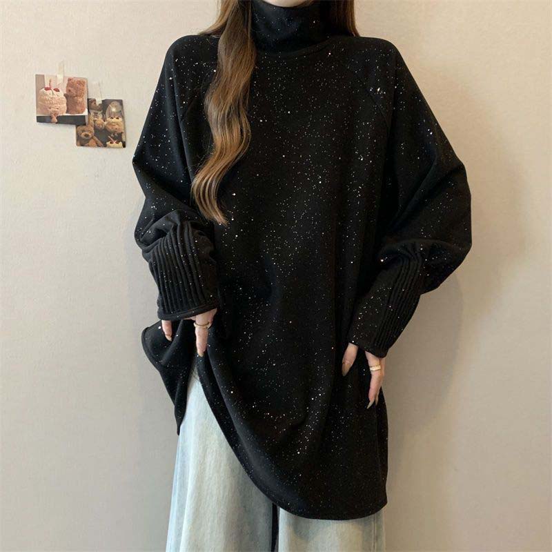 

Свитер для женщин Осень Зима Утепленный Теплый Вязаный Эластичный С Длинным Рукавом Оверсайз С Высоким Воротником Топы XXXXL чёрный