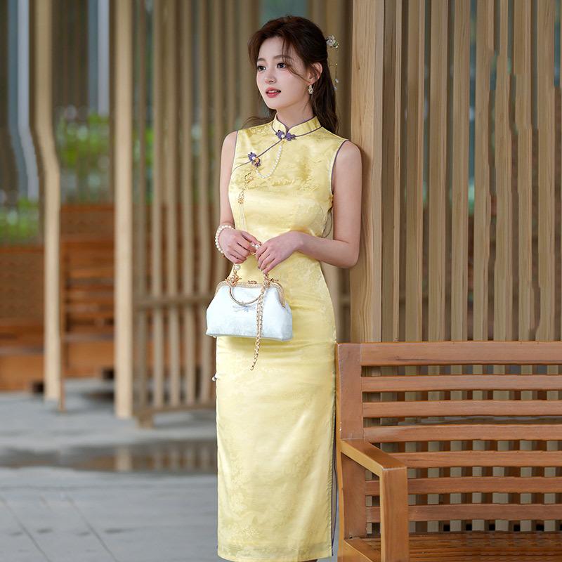 Gelb ärmellos nationaler Stil neu Chinesisch lang verbessert Cheongsam neu junges Mädchen retro schmal Sommer