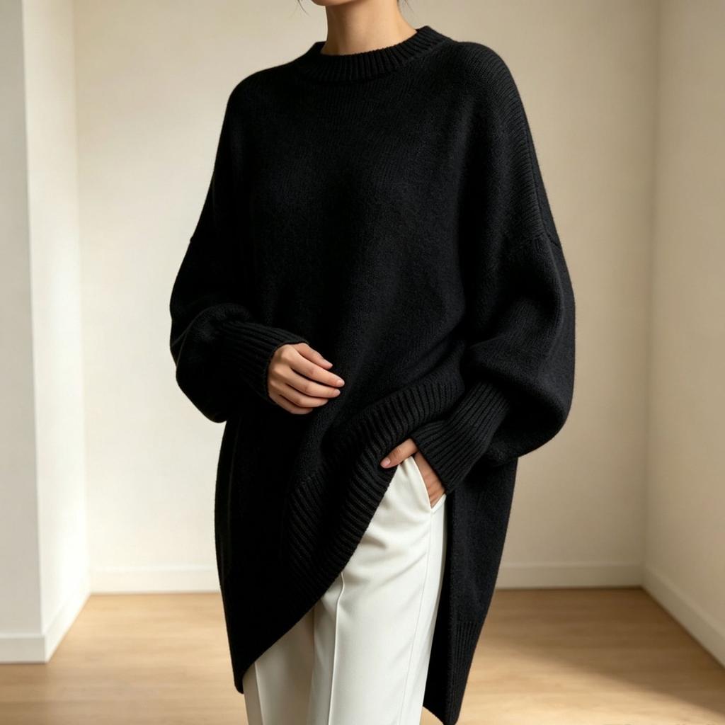 Autumn and Winter, Round Neck Pullover Knitted Sweater, Loose Fitting, Solid Color Women's Sweater