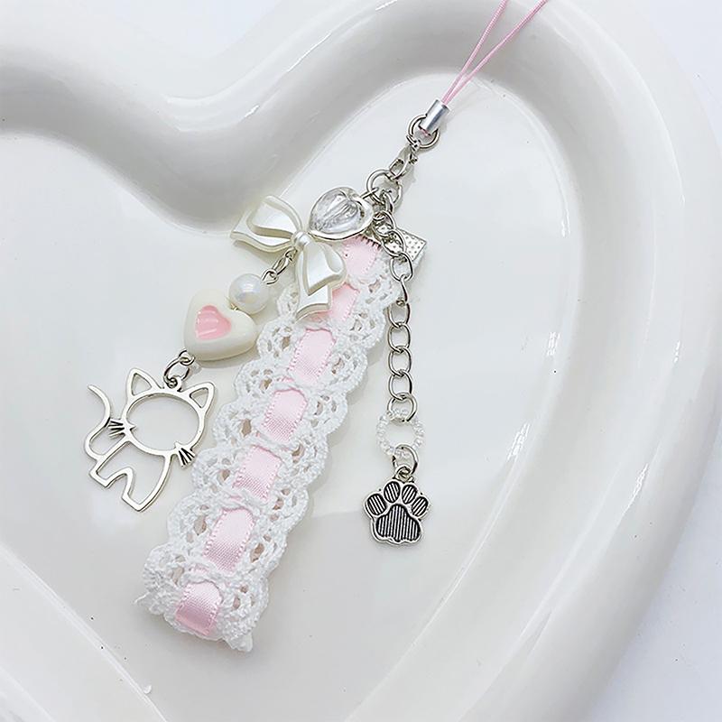 Sweet Lovely Lace Ribbon Cat Heart Pendant Keychain Phone Charm Lanyard Bag Decoration For Women Portable Hangings Lanyard Gifts