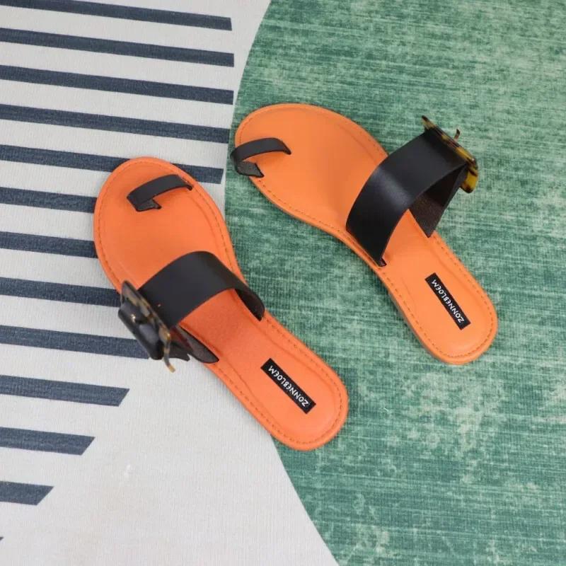Fashion Women Leather Summer Sandals Shoes Retro Design Thin Straps Open Toe Beach Slides Flat with Plus Size 41 Female Footwear