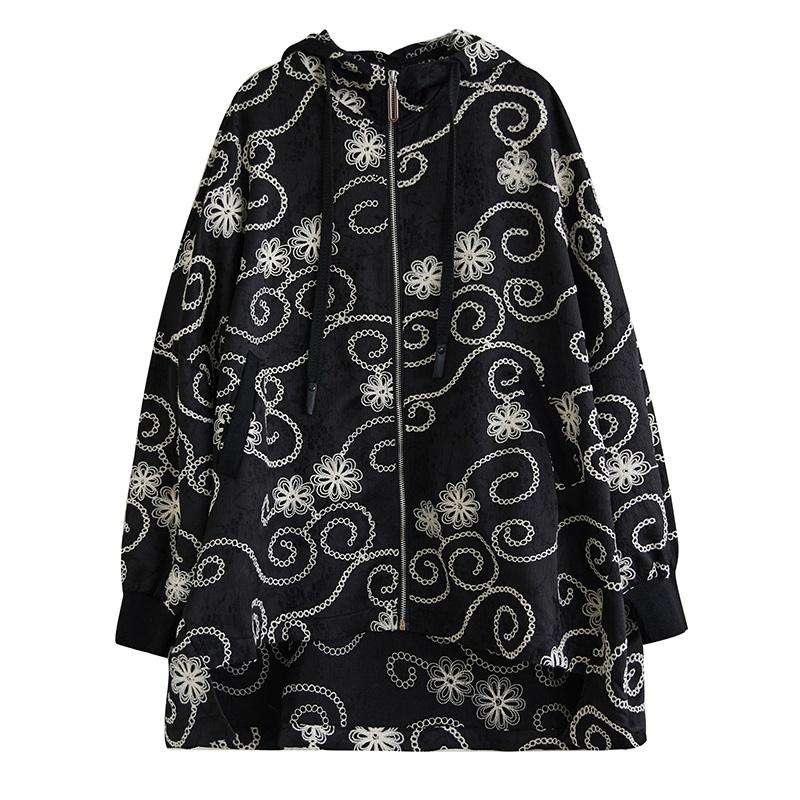 Langarm plus Größe schwarz mit Kapuze Vintage Blumen lässig lose Herbst Frühling Jacke Mantel Frauen Tops