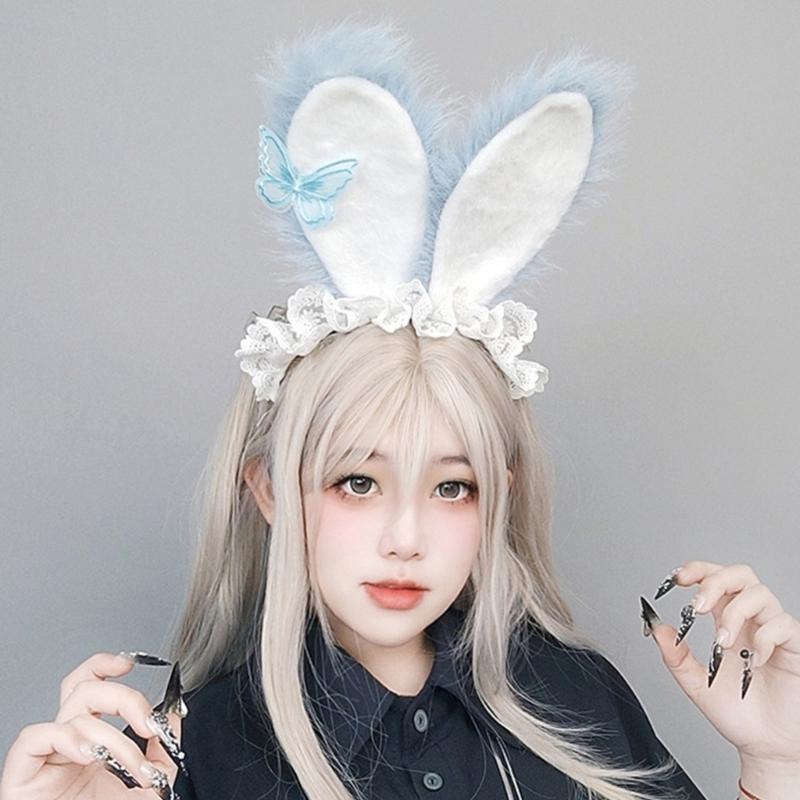 Plush Sweet Rabbit Ears Headband With Elegant Lace And Bowknot Detachable For Cosplay Party And Daily Wear