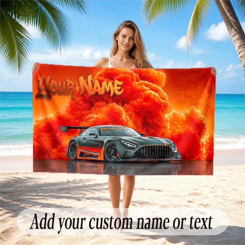 Car Racing Theme Beach Towel Personalized Custom Name & Text Soft Quick Dry Beach Towel for Swimming Travel