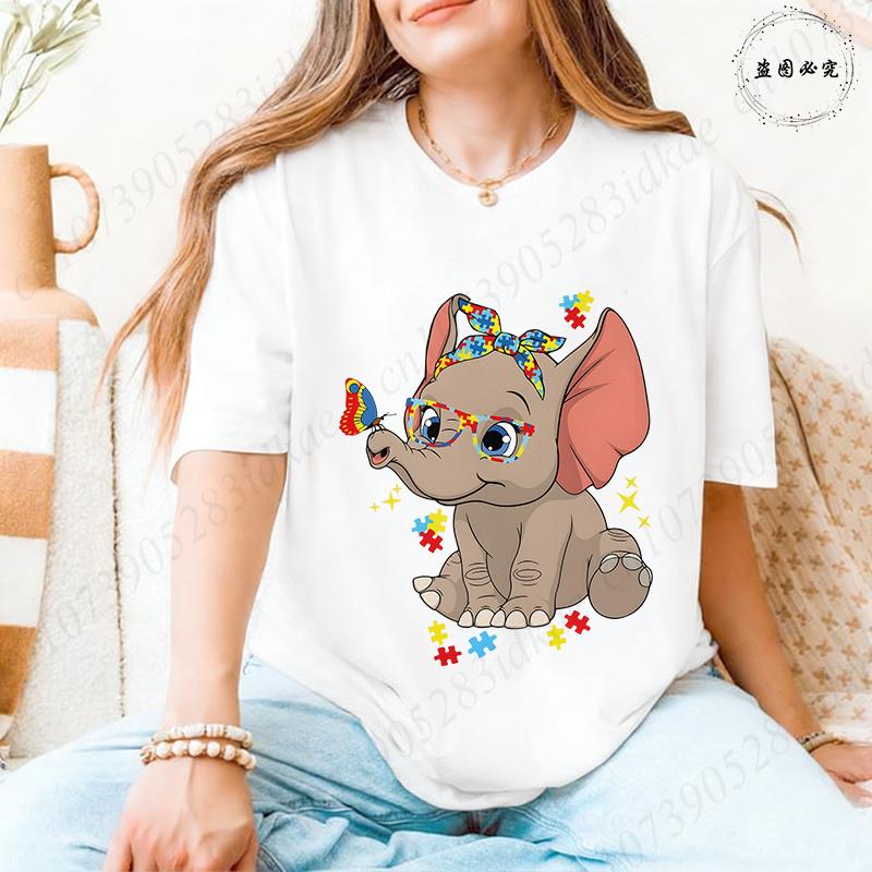 Unisex's Autism Awareness T-shirts: Cute Elephant Puzzle Graphic Tops Walking A Different Path Short Sleeve Autism Support Tees