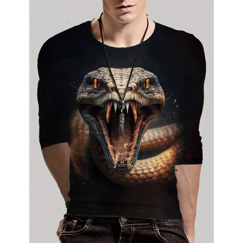 Round Neck 3D Snake Printed Top Casual Long Sleeved Men's T-shirts - Soft Medium Stretch Polyester Fabric Spring and Autumn Relaxed Fit Clothing