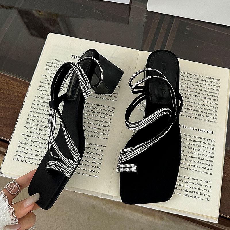 Fashion Luxury Fashion Rhinestones Ladies Square Heels Pumps Shoes Female Slip On Footwear Women Heels Pumps Slides Shoes Sandals