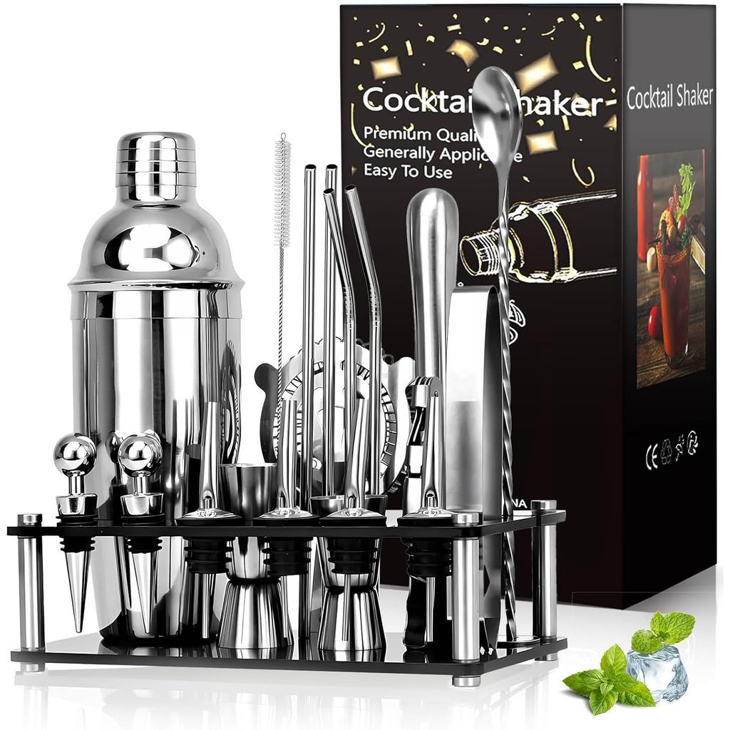 Cocktail Shaker Set,Professional Bar Set, Shaker, Jigger, Strainer, Mixer Spoon, Muddler, Stand and Recipe Book, Bar Set Beginners