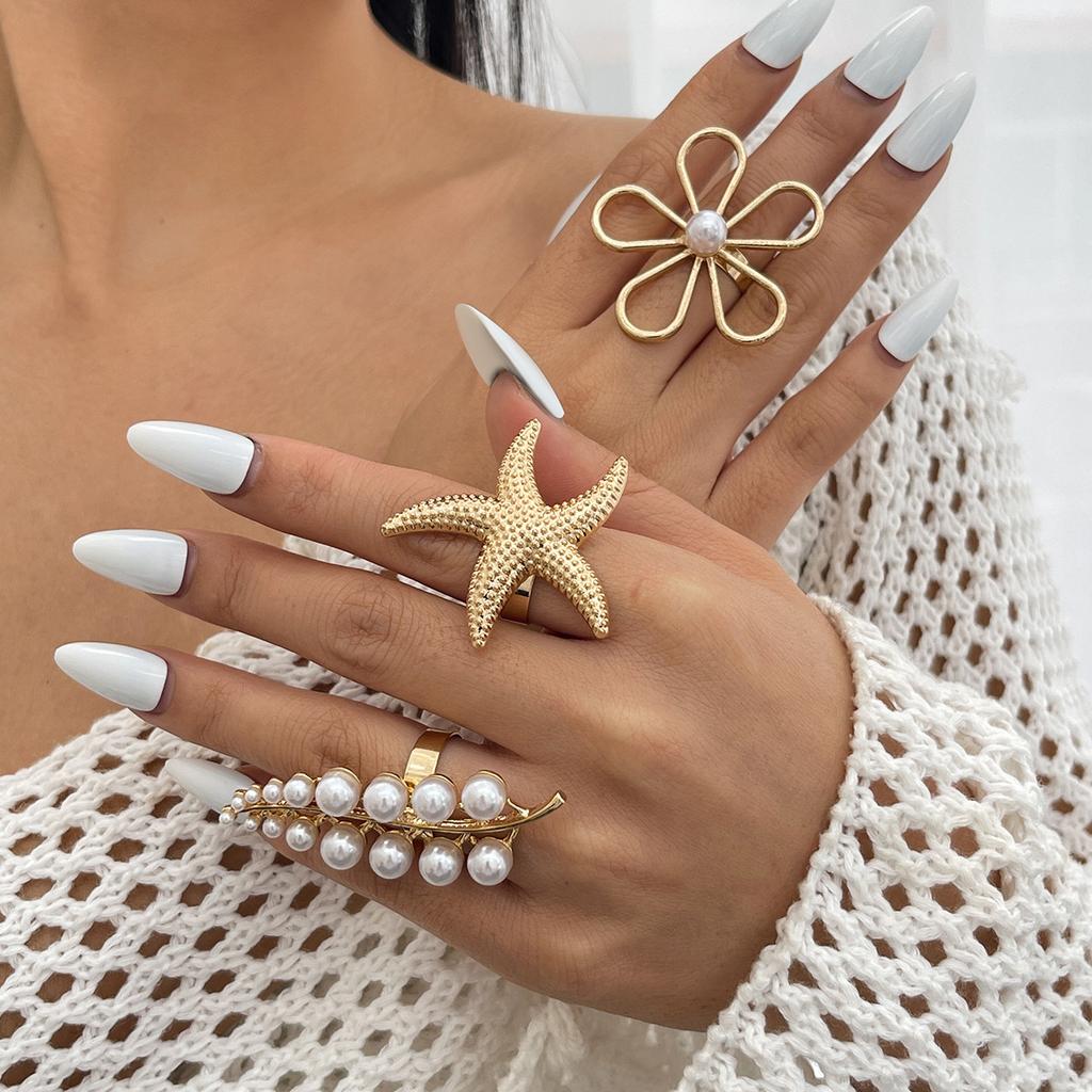 Design Sense Ins Style Hollow Flower Open Ring, Personalized Starfish Imitation Pearl Feather Ring for Women