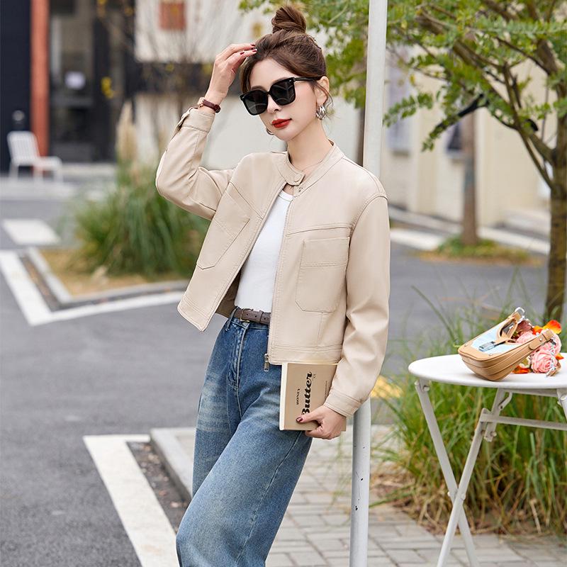 Women's Stand Collar Leather Jacket - Spring 2025 Collection, Small Size, High-End Versatile Design (Z88975)