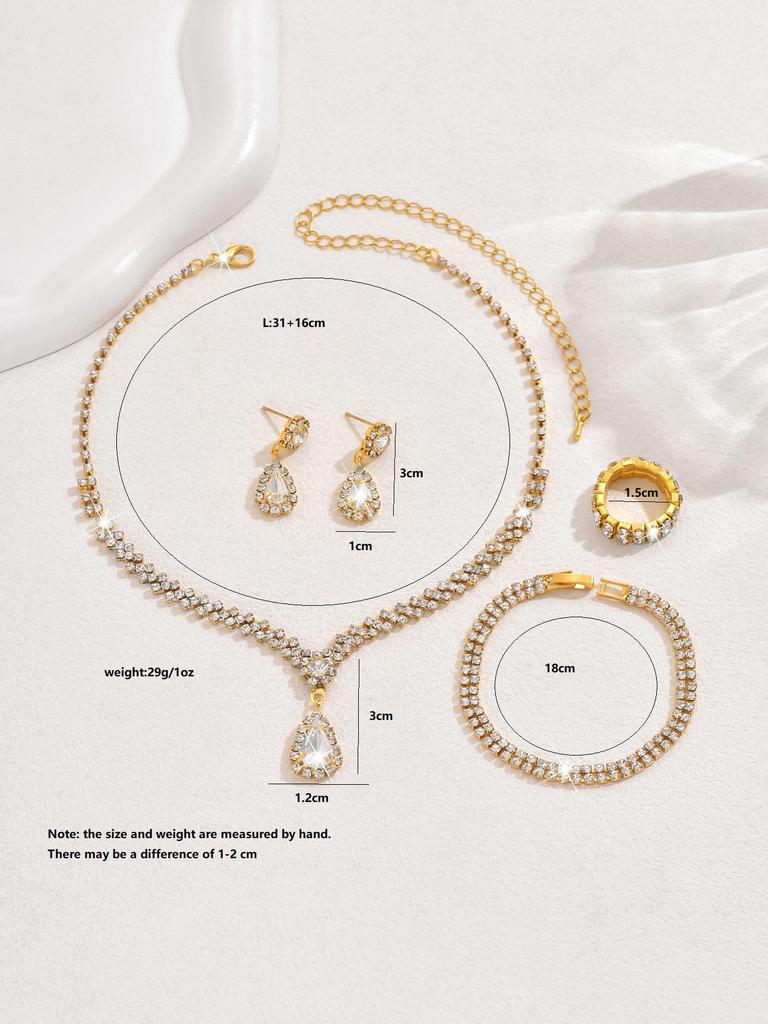 European-American Bridal Jewelry Set: Necklace, Bracelet, Ring, Zircon Earrings - Perfect for Weddings and Evening Dresses