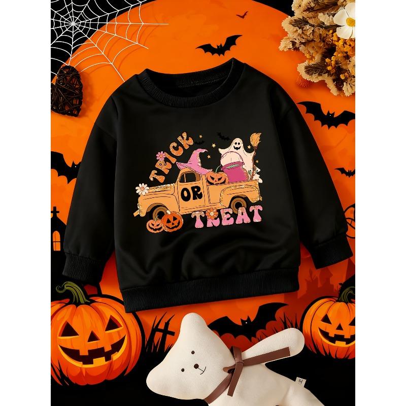 European Sizes Halloween Crewneck Sweatshirt for Kids, Featuring a Vintage Truck Print with a Witch Hat, Jack-o'-lantern, and a Holding a Broom