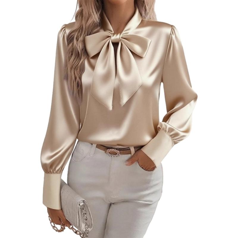 Damen Satinshirt mit Schleifenkragen und langen Ärmeln