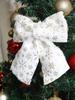Christmas Tree Topper Bow White Furry with Gold Snowflake Print Hanging Ornaments Festive Xmas Tree Decor for Home & Party Gift
