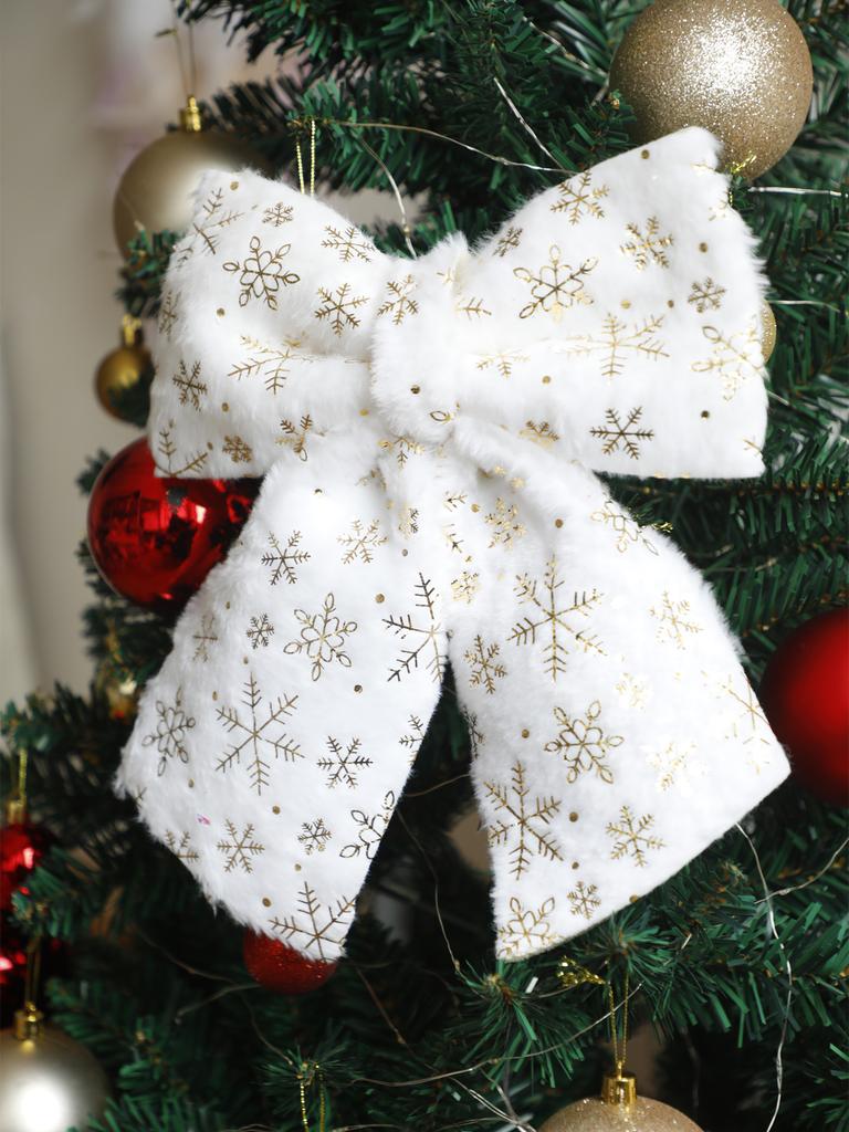 Christmas Tree Topper Bow White Furry with Gold Snowflake Print Hanging Ornaments Festive Xmas Tree Decor for Home & Party Gift